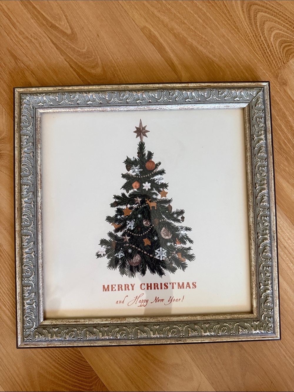 Merry Christmas Tree Framed Art Print – Silver Frame, Green Tree